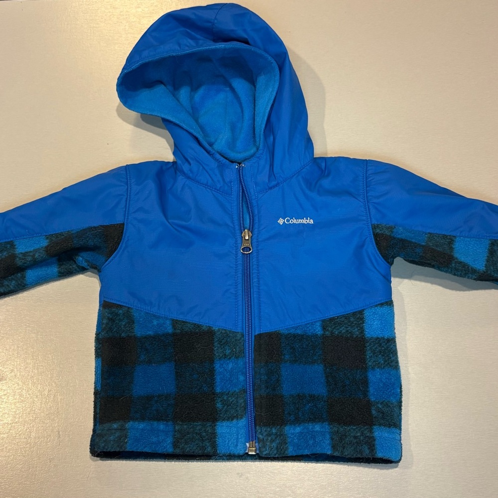 Columbia Blue Hooded Jacket with Blue & Black Plaid Fleece
